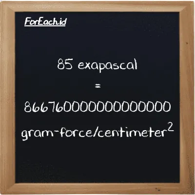 85 exapascal is equivalent to 866760000000000000 gram-force/centimeter<sup>2</sup> (85 EPa is equivalent to 866760000000000000 gf/cm<sup>2</sup>)